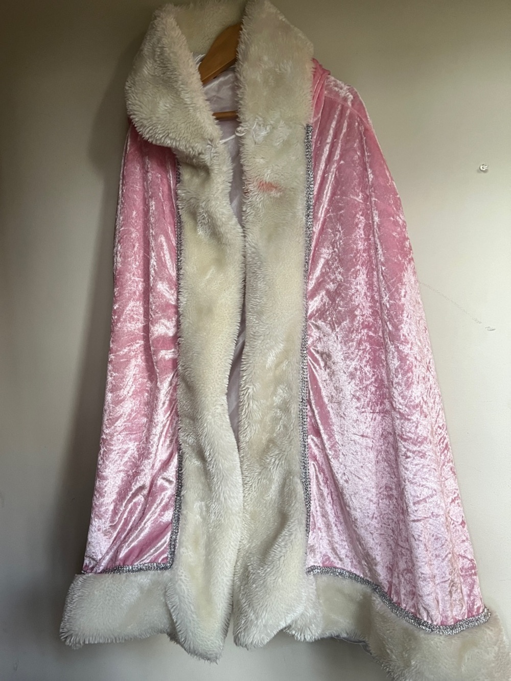 Chasing Fireflies Pink Velvet Cape with Cream Faux Fur Trim